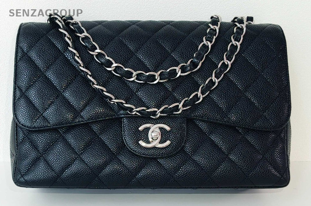 Chanel Classic Flap Jumbo Chain Shoulder Bag Black Silver Used Women Designer
