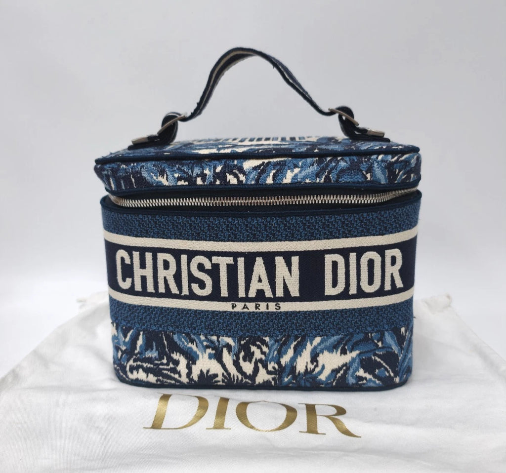 Christian Dior Travel Vanity Case Canvas Top Handle Bag Blue Silver Women