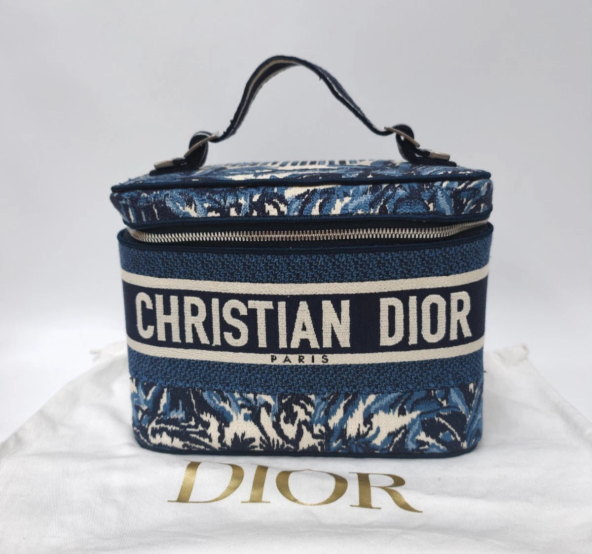 Christian Dior Travel Vanity Case Canvas Top Handle Bag Blue Silver Women