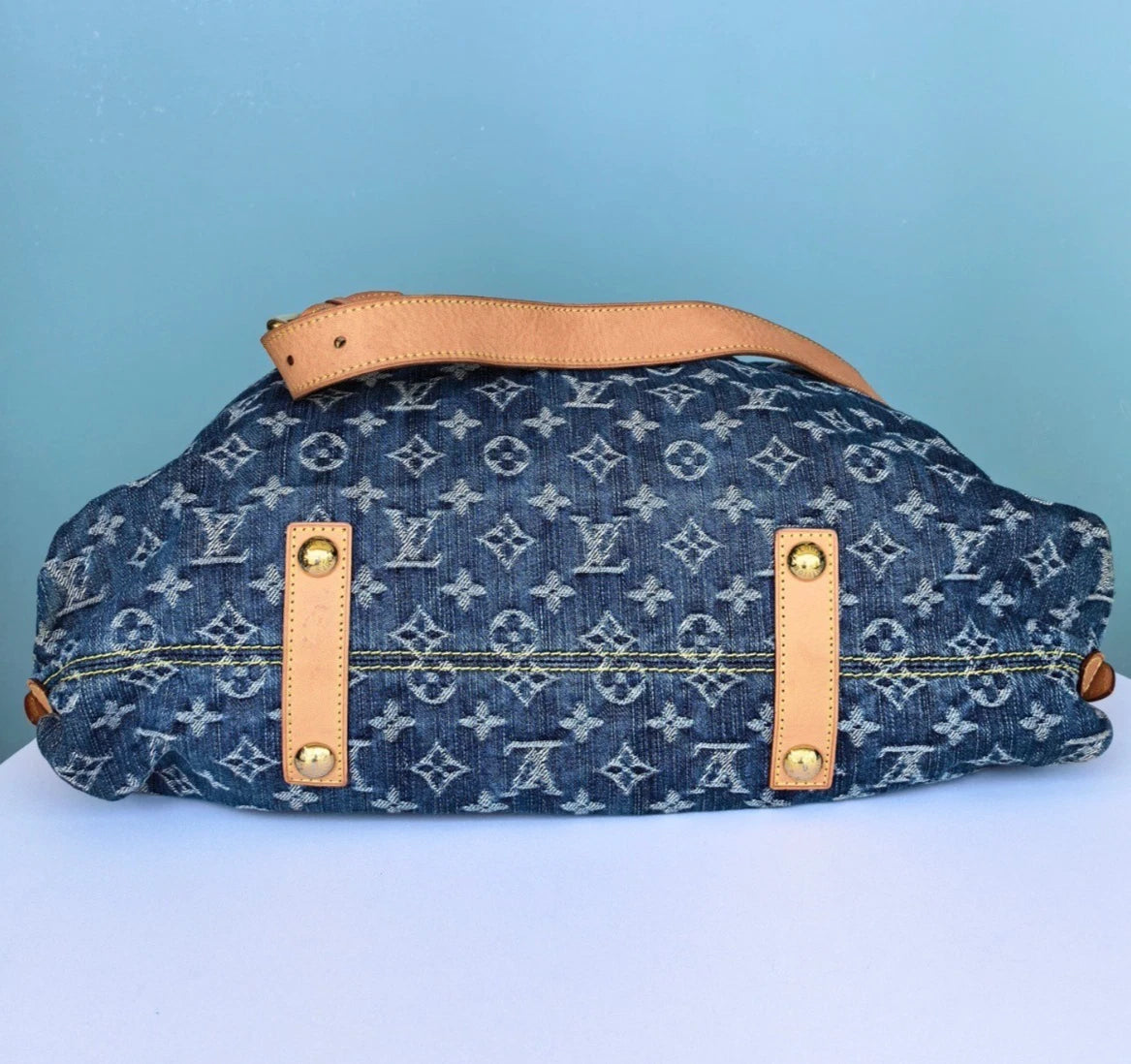 Louis Vuitton Cabby Denim Monogram Tote Top Handle Crossbody Bag Blue Women