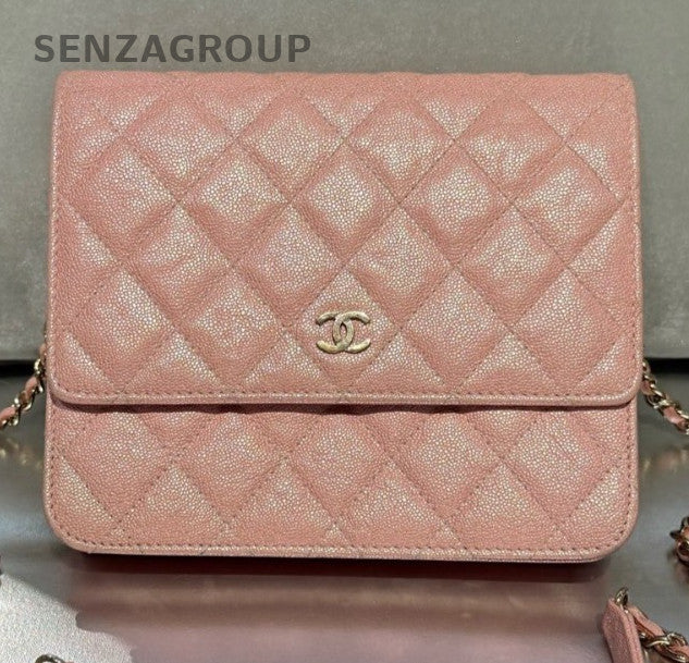 Chanel WOC Calfskin Chain Shoulder Bag Crossbody Pink Gold Women Classic
