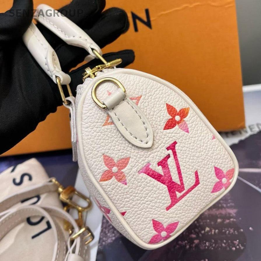 Louis Vuitton Speedy Nano Monogram Top Handle Bag Crossbody White Gold Women