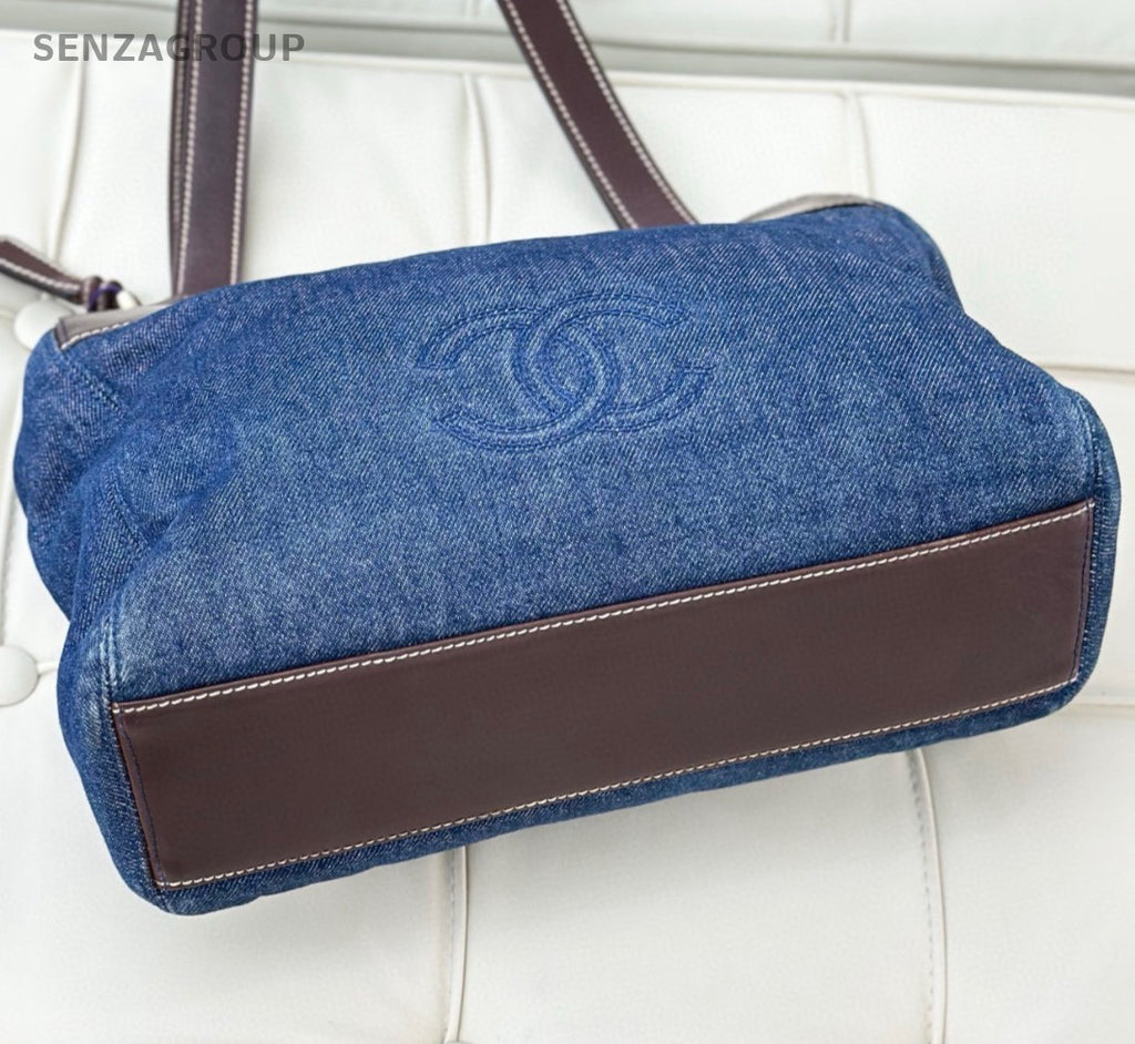 Chanel Denim Tote Shoulder Bag Blue Brown Used Women Classic Vintage
