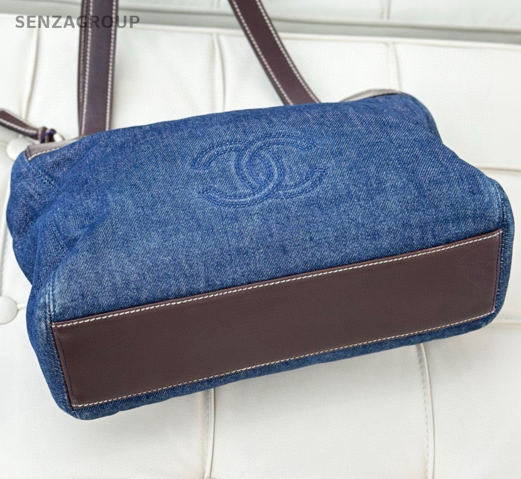 Chanel Denim Tote Shoulder Bag Blue Brown Used Women Classic Vintage