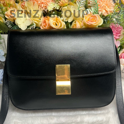 Celine Box Medium Black Gold Shoulder Bag Classic Women's