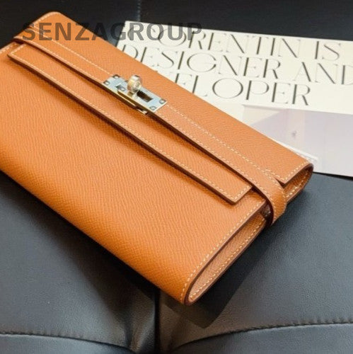 Hermes Kelly Epsom Leather Long Wallet Brown Silver Used Women Classic