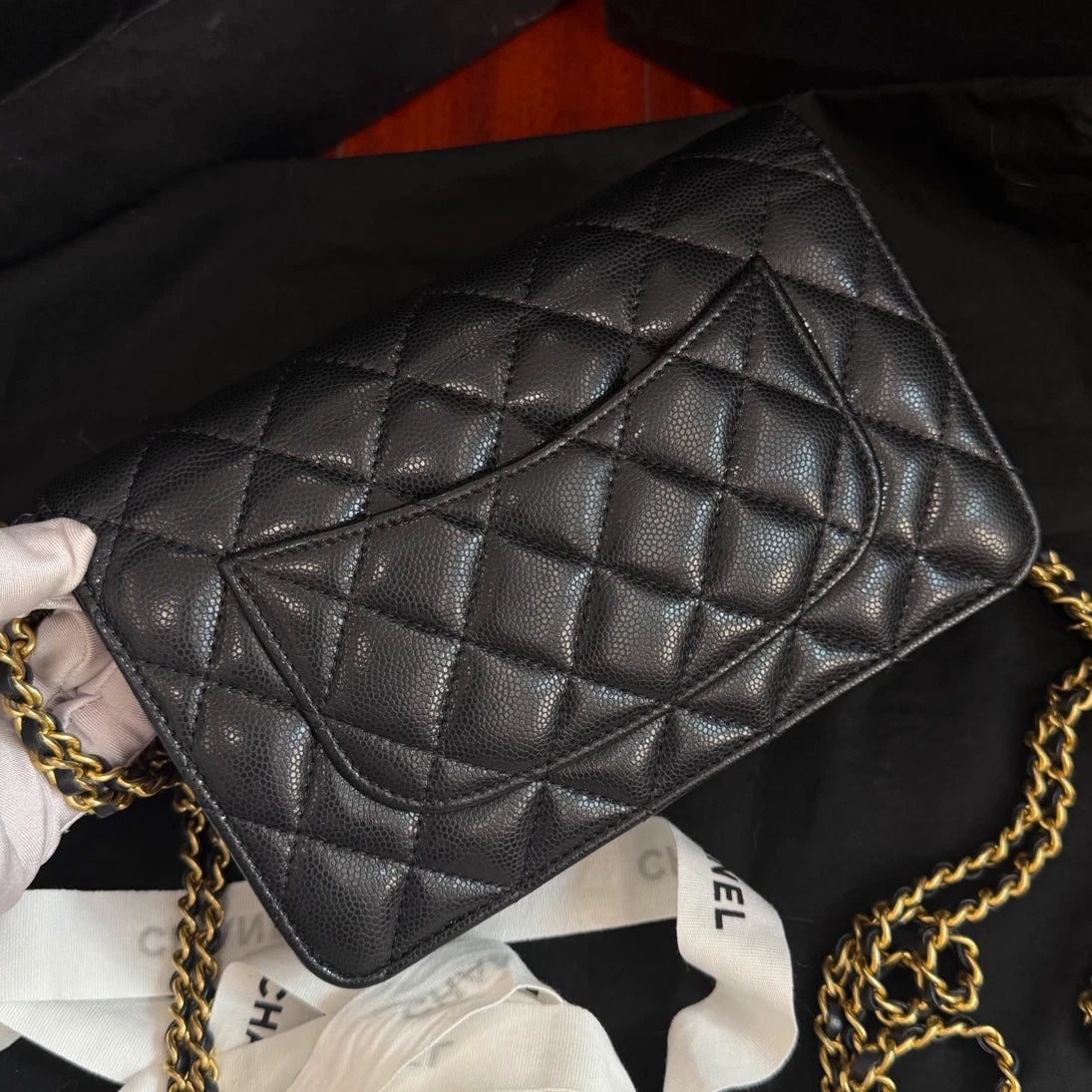 Chanel Classic Flap WOC Calfskin Chain Shoulder Crossbody Black Gold Women