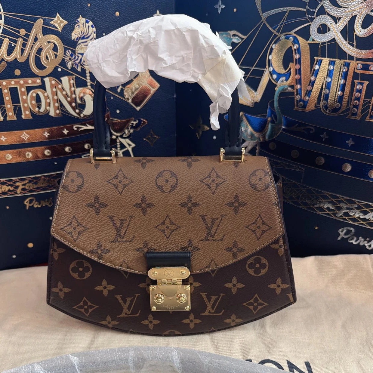 Louis Vuitton Tillsit Monogram Top Handle Crossbody Brown Gold Women Classic