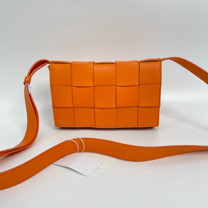 Bottega Veneta Cassette Orange Lambskin Woven Crossbody Bag Women