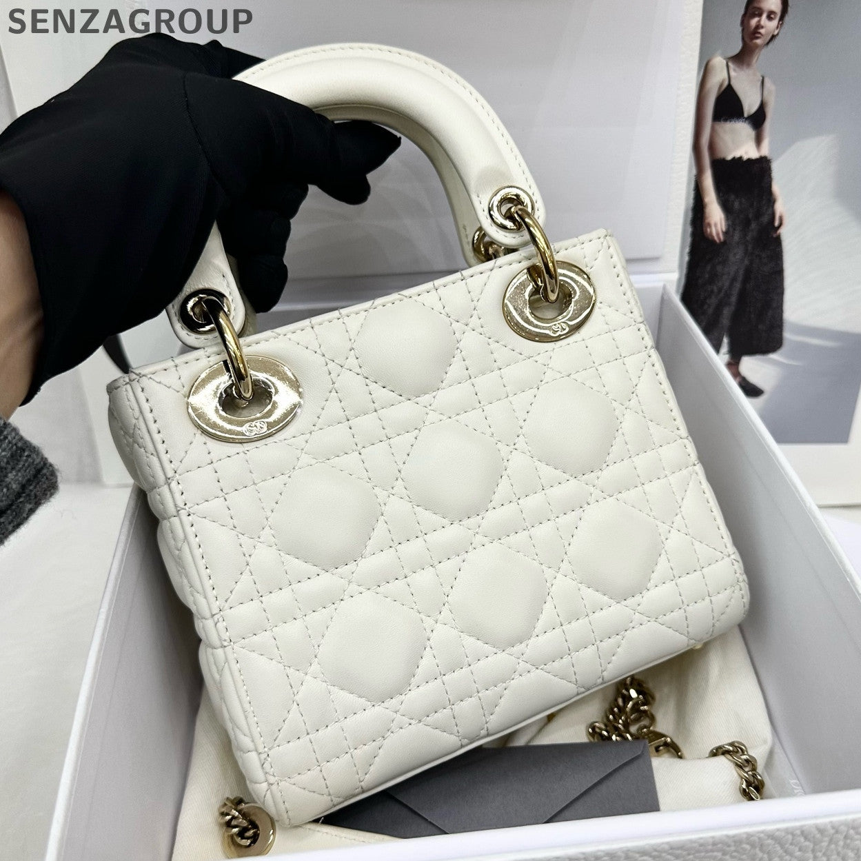Dior Lady Dior Bag White Gold Lamb Leather Classic Women's Handbag