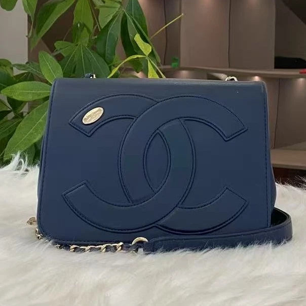 Chanel Classic Blue Gold Logo Square Mini Flap Bag Chain Shoulder Bag