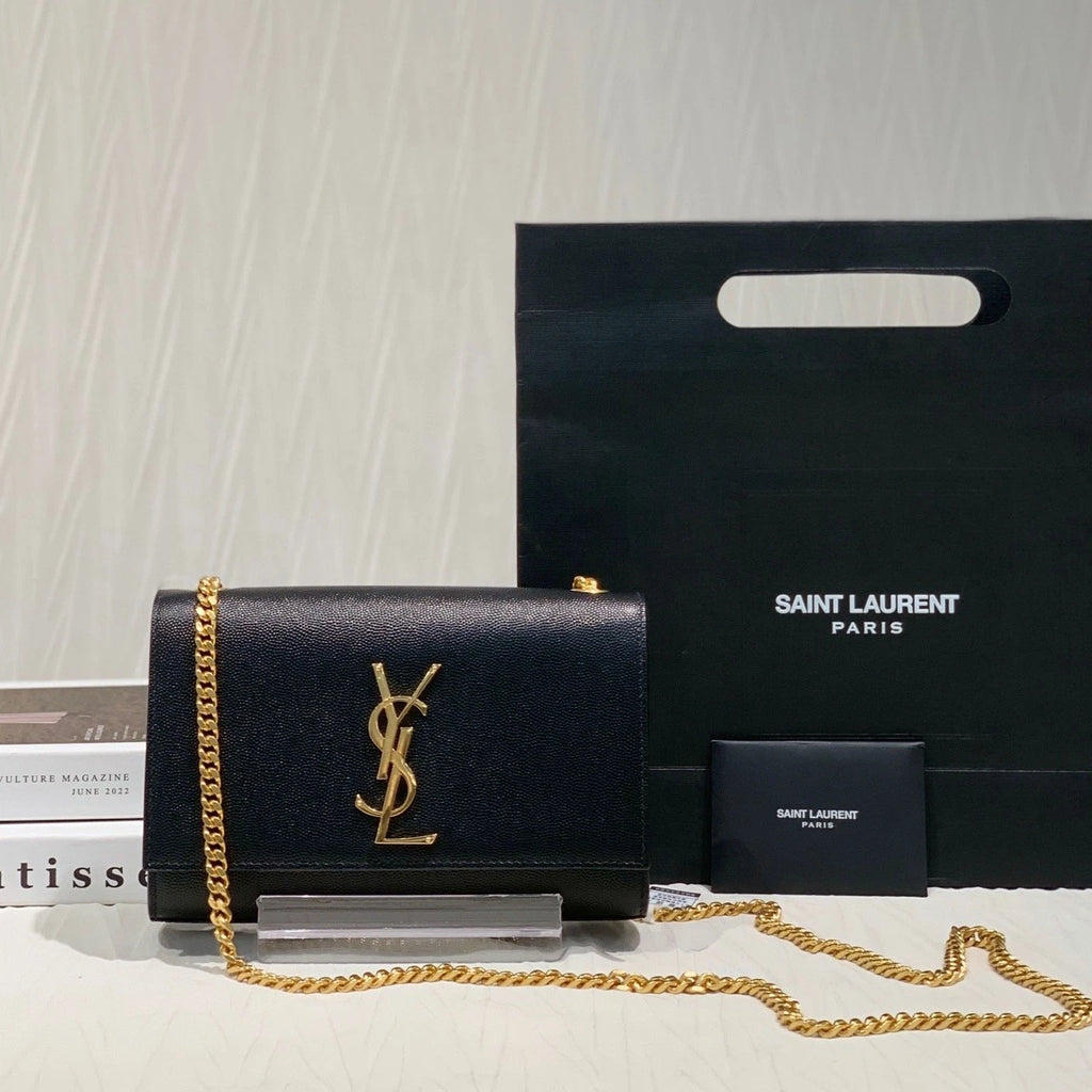 YSL Black Gold Leather Chain Shoulder Crossbody Bag For Women