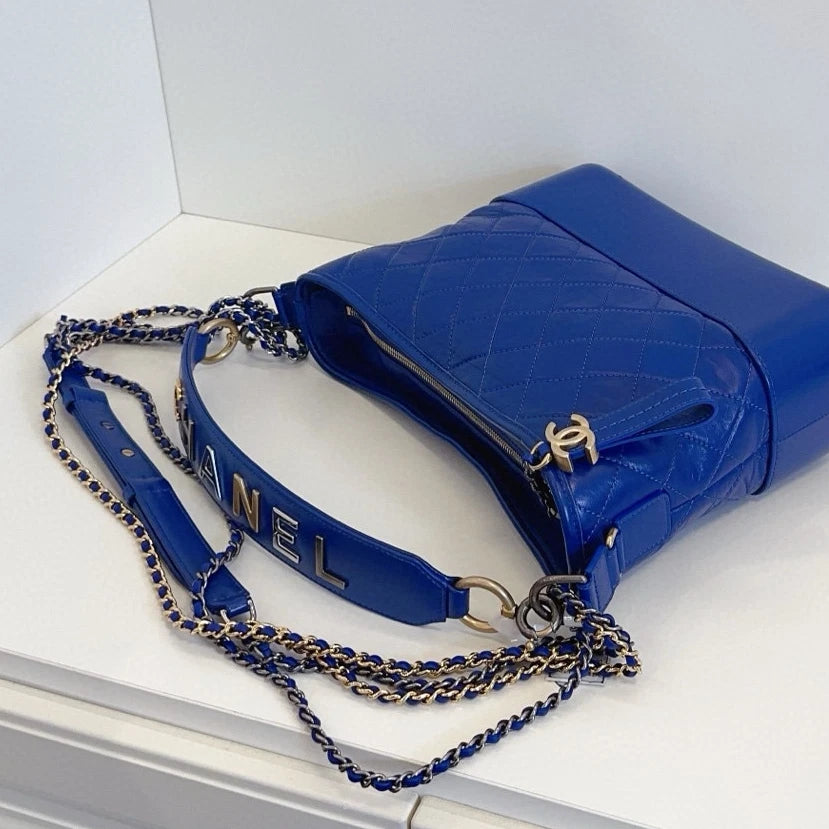 Chanel Gabrielle MM Chain Top Handle Shoulder Crossbody Blue Gold Women Classic