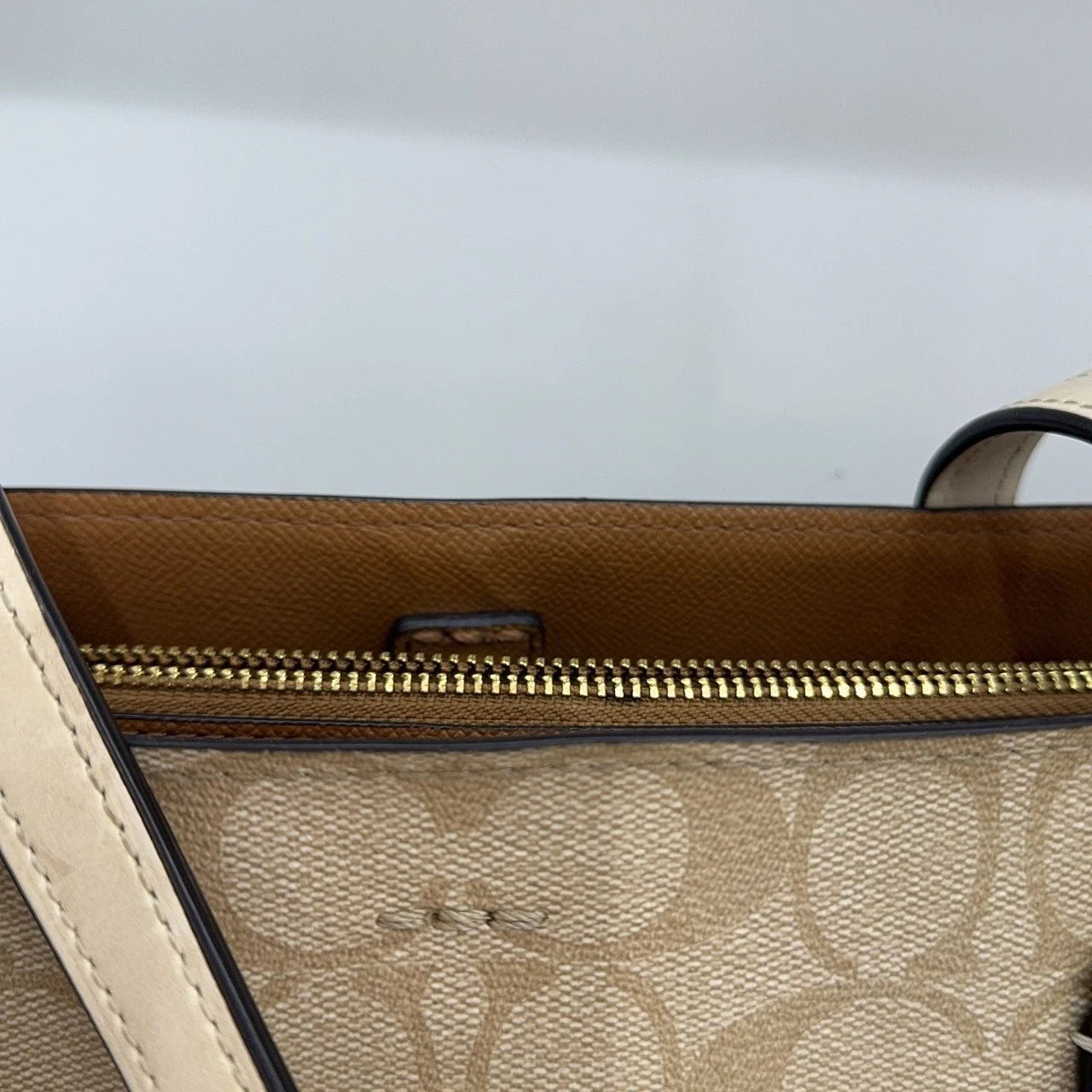 Coach Beige Canvas Monogram Tote Handbag For Women Missing Strap