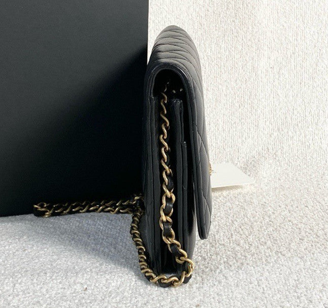 Chanel WOC Lambskin Chain Shoulder Bag Crossbody Black Gold Women Classic