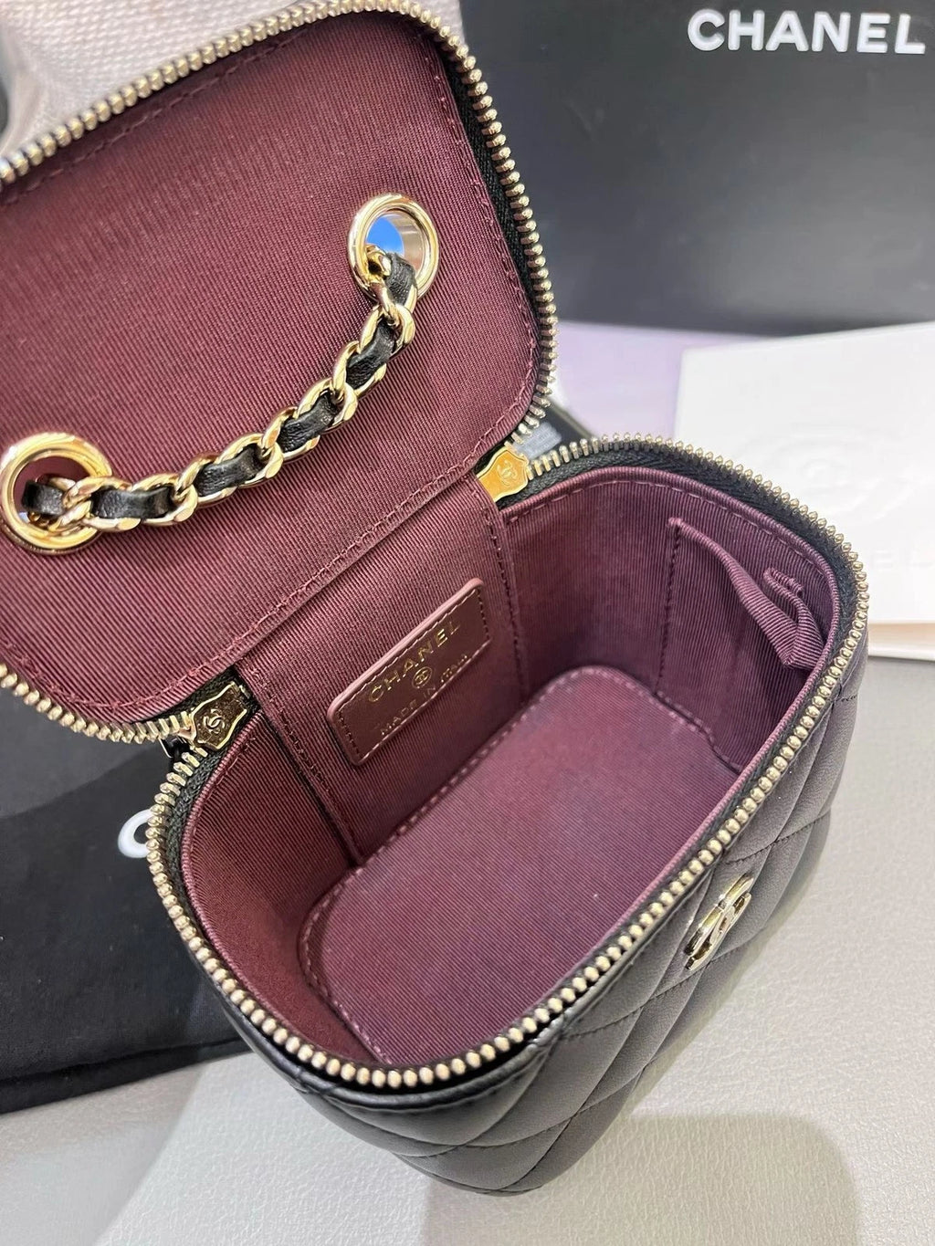 Chanel Lambskin Mini Vanity Case Chain Crossbody Black Gold Diamond Women