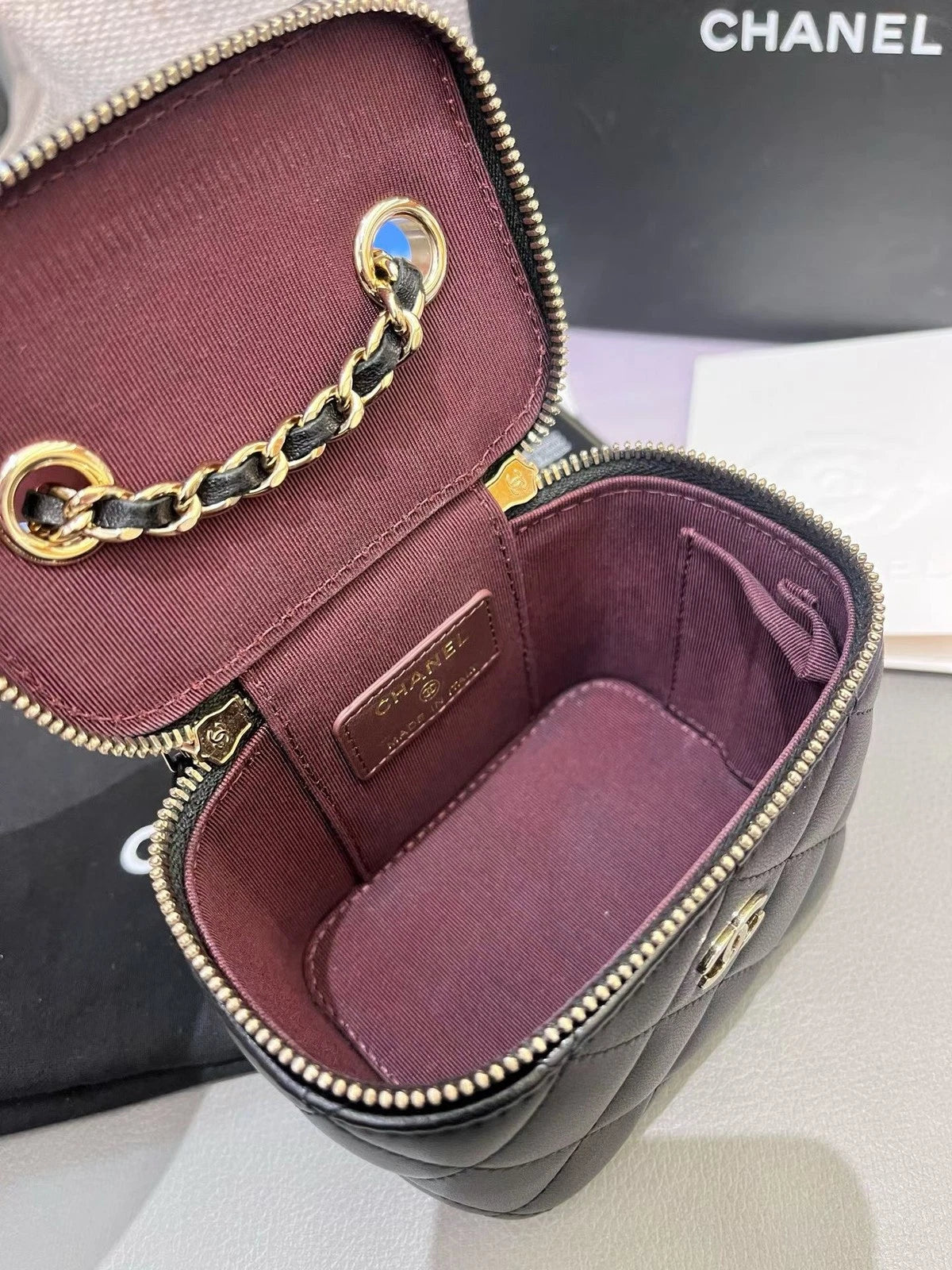 Chanel Lambskin Mini Vanity Case Chain Crossbody Black Gold Diamond Women