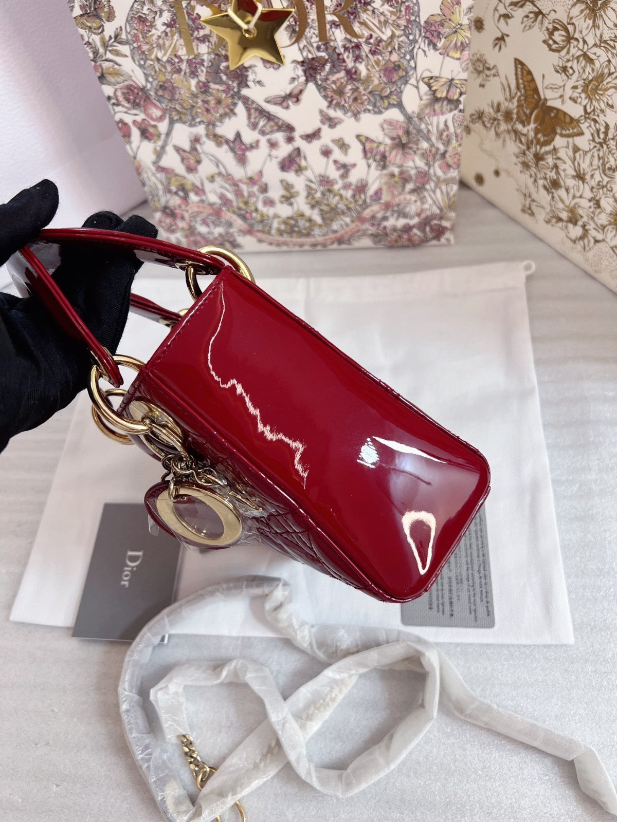 Christian Dior Lady Top Handle Chain Shoulder Handbag Red Gold Almost Brand NEW