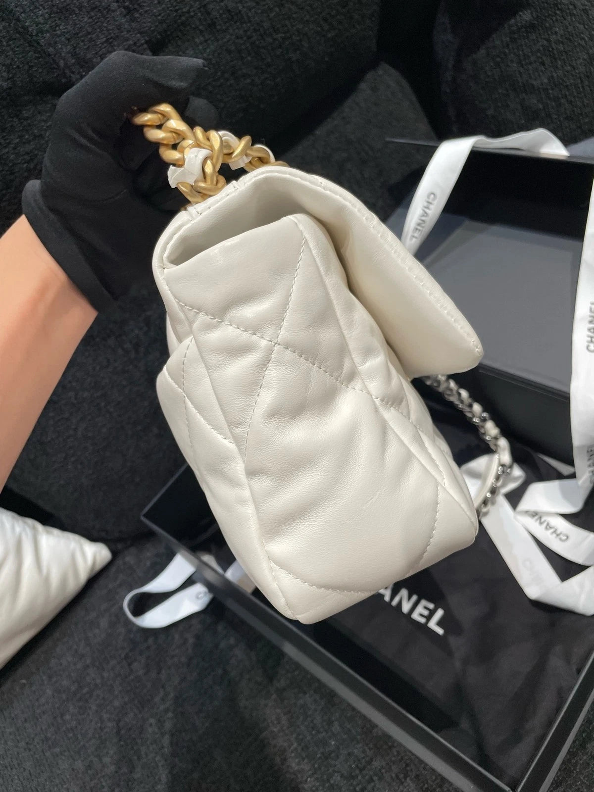 CHANEL 19 Small Calfskin White Gold Hardware Shoulder Bag For Women