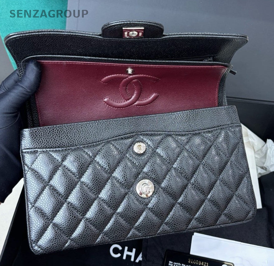 Chanel Classic Flap PM Calfskin Chain Shoulder Bag Black Silver Women Fashion