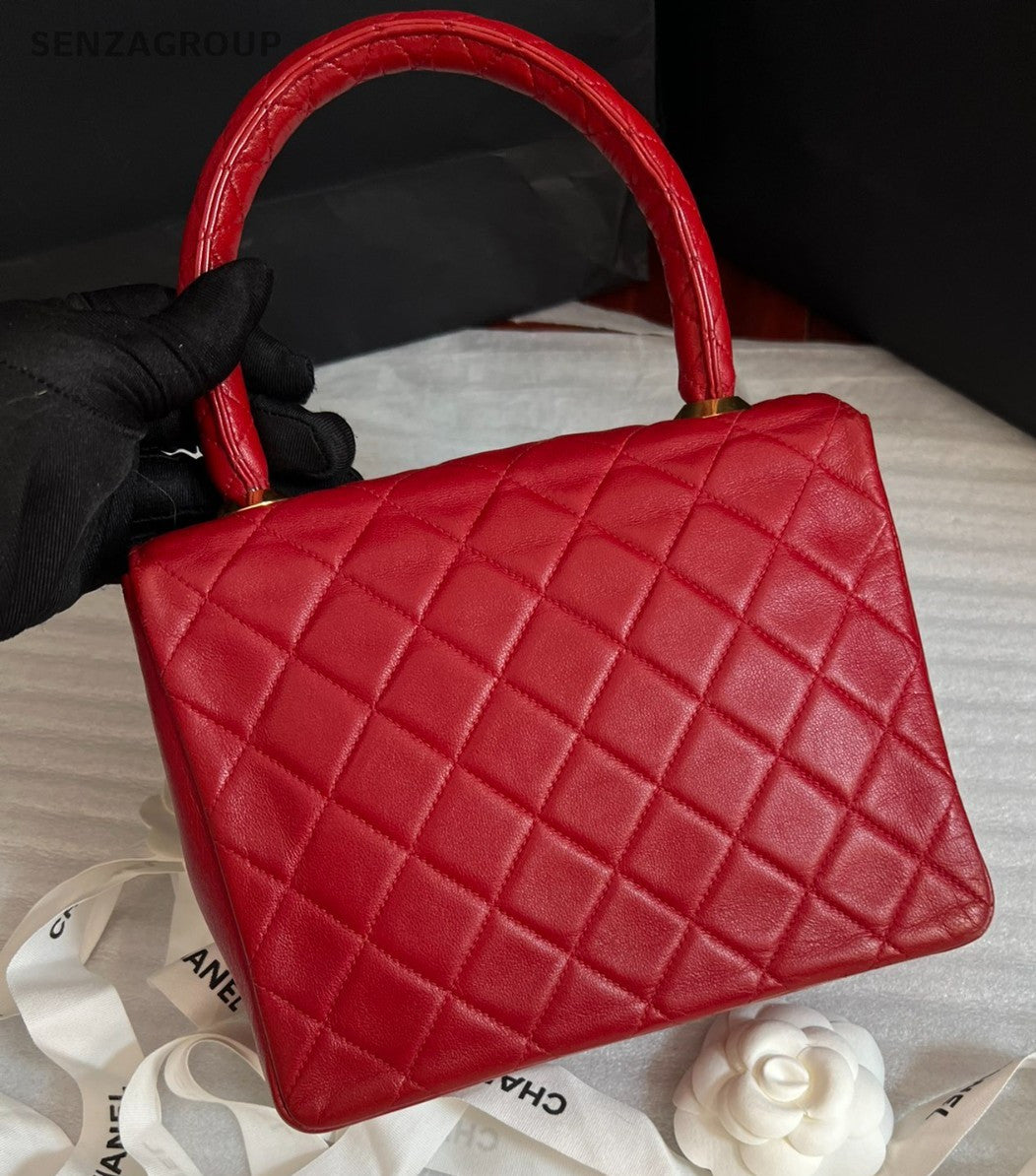 CHANEL Vintage Kelly Top Handle Diamond Pattern Handbag Red Gold Women Classic