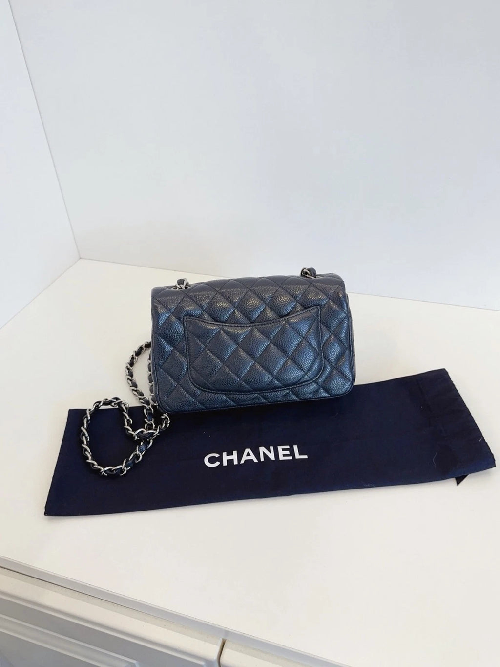Chanel Flap Mini Crossbody Shoulder Bag Black Silver Excellent