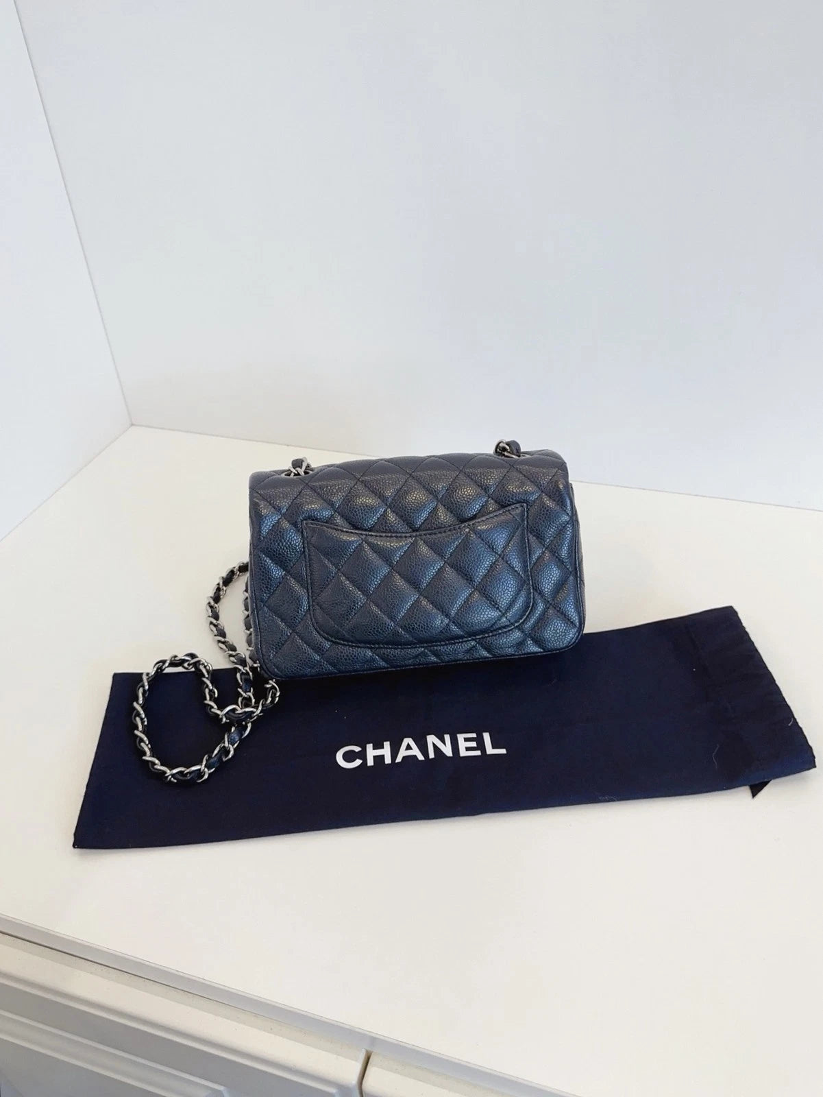 Chanel Flap Mini Crossbody Shoulder Bag Black Silver Excellent