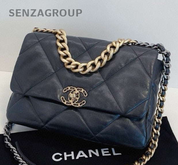 Chanel 19Bag MM Chain Top Handle Shoulder Crossbody Black Gold Women Classic