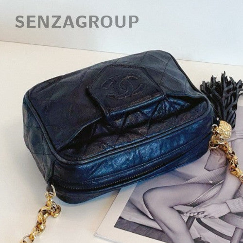 Chanel Diamond Chain Tassel Shoulder Bag Black Gold Used Women Classic Vintage