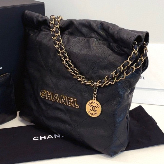 Chanel 22Bag PM Chain Shoulder Bag Black Gold Diamond Women Classic
