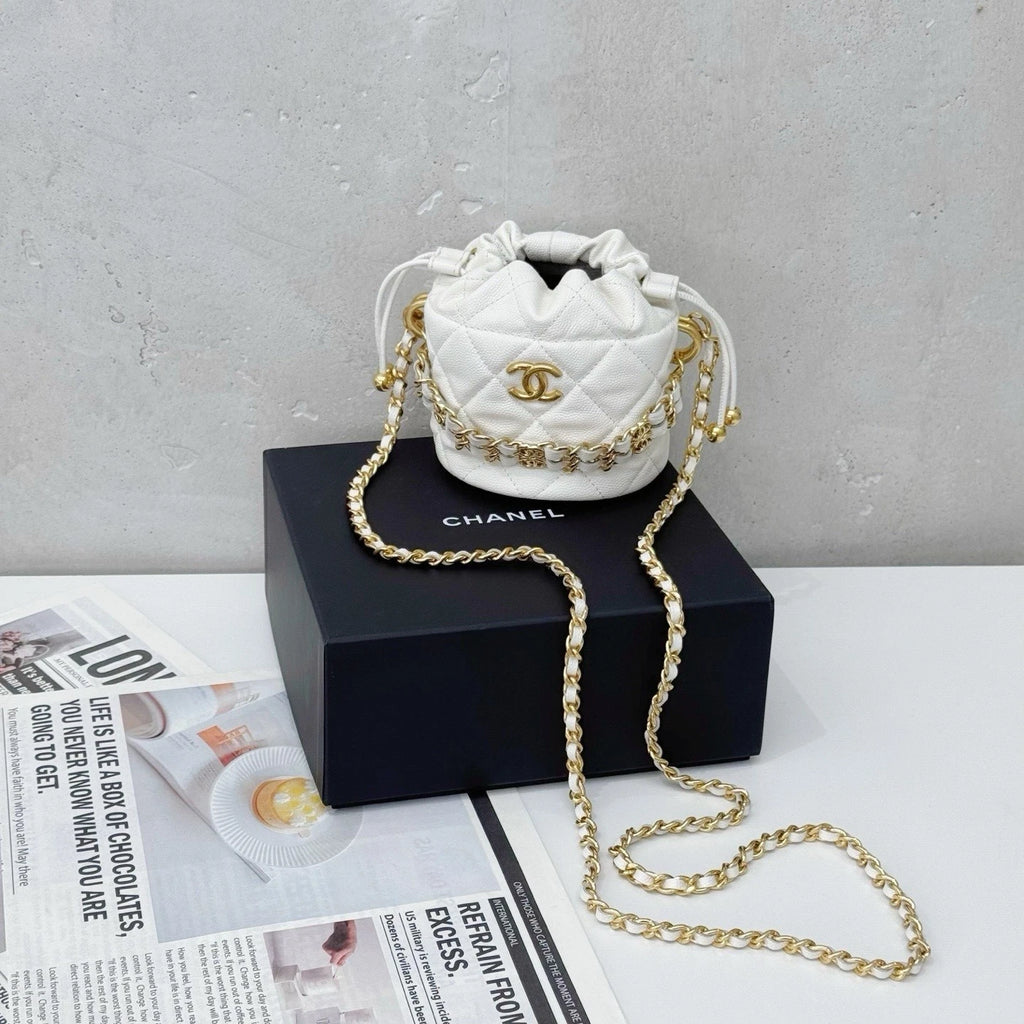 CHANEL White Mini Leather Bucket Crossbody Bag For Women