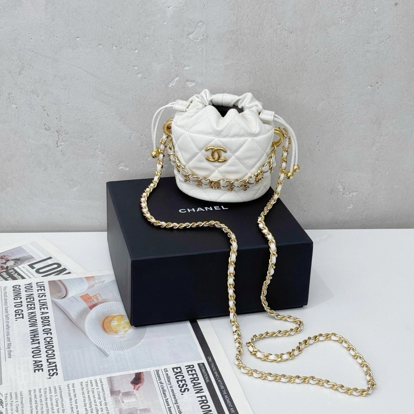 CHANEL White Mini Leather Bucket Crossbody Bag For Women