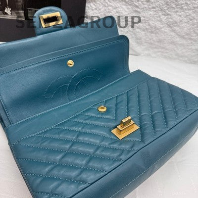 Chanel 2.55 Blue Gold Chevron Vintage Calfskin Chain Shoulder Crossbody Bag