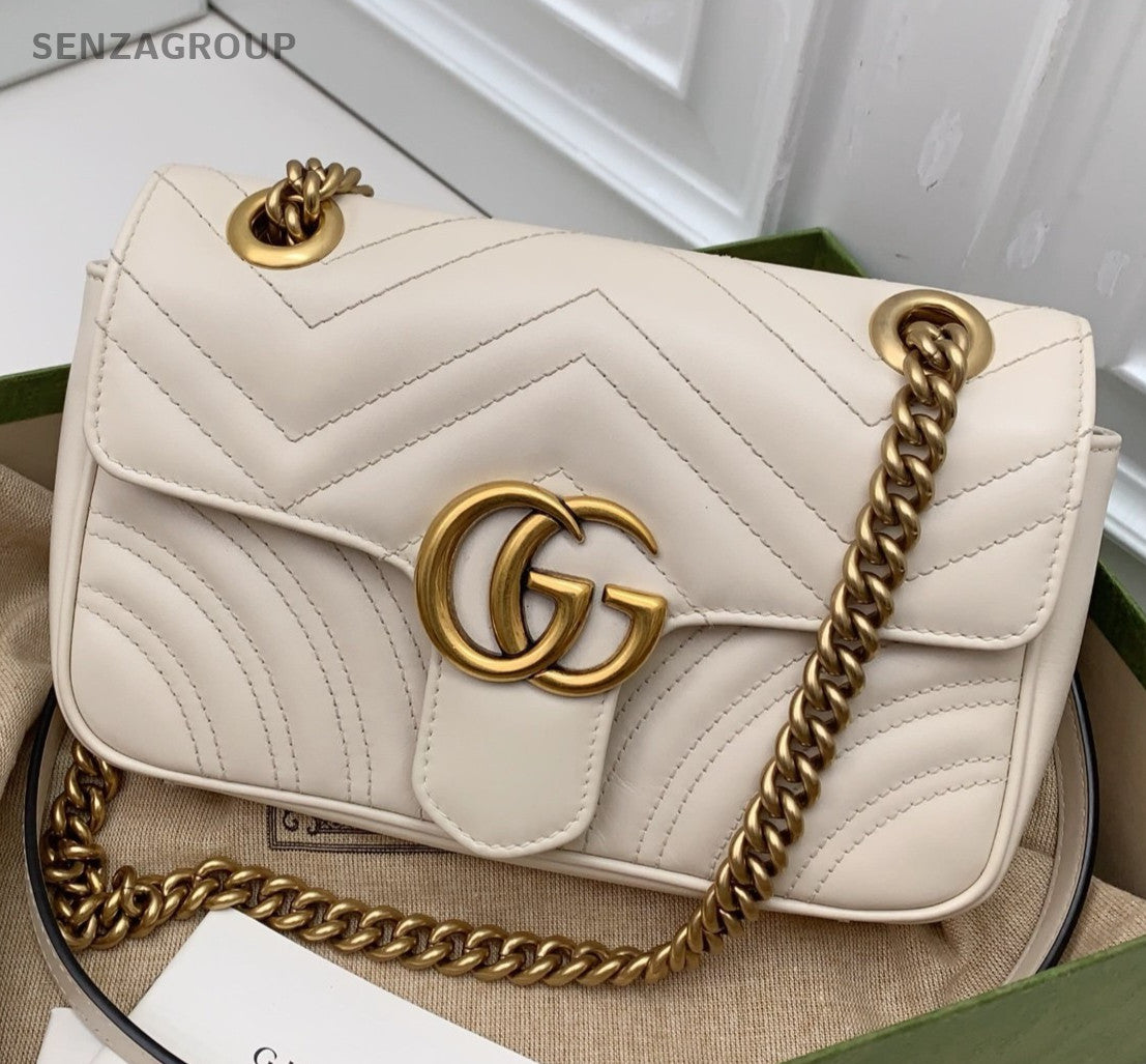 Gucci Marmont Chain Shoulder Bag Crossbody White Gold Used Women Classic