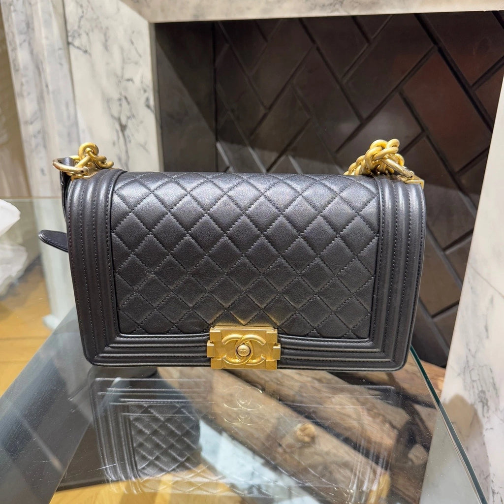 CHANEL Leboy Medium Lambskin Black Gold Shoulder Bag For Women