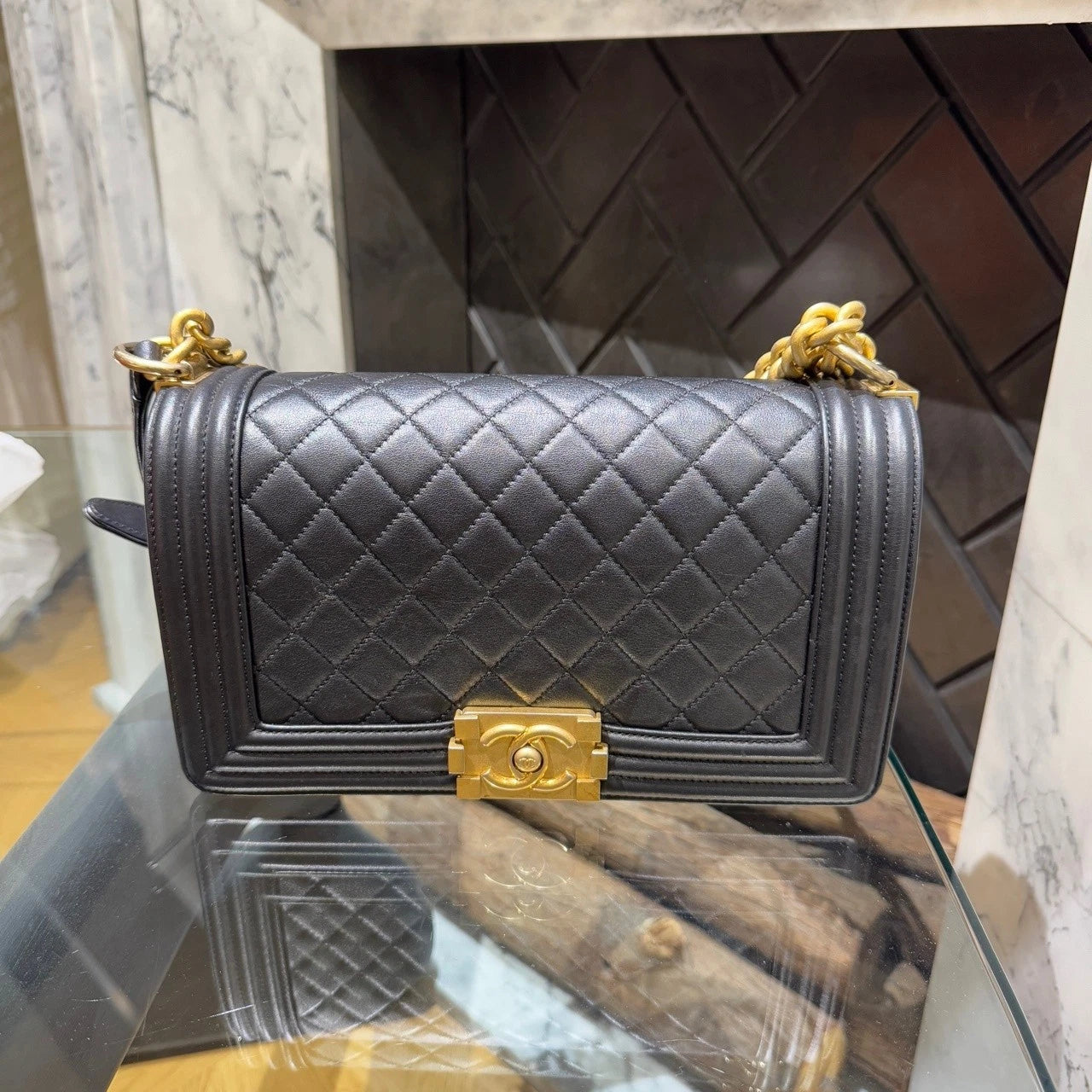 CHANEL Leboy Medium Lambskin Black Gold Shoulder Bag For Women