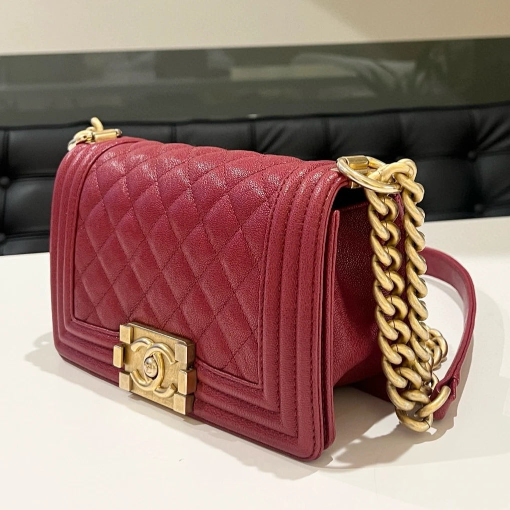 Chanel Le Boy Small Red Gold Chevron Quilted Chain Shoulder Bag