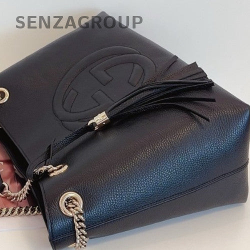 GUCCI Soho Tote Calfskin Leather Chain Shouder Bag Black White Women Classic