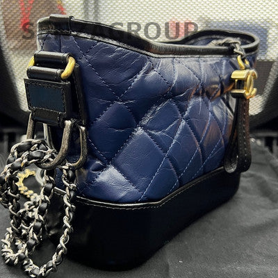 Chanel Small Gabrielle Hobo Bag Blue Gold Quilted Chain Shoulder Crossbody