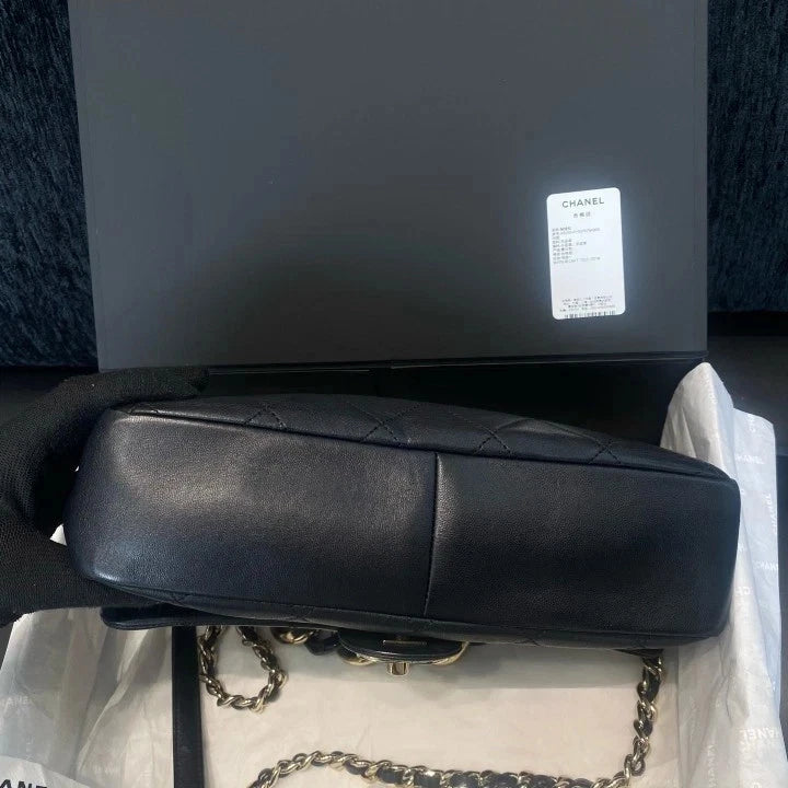 Chanel Classic Flap Chain Lambskin Top Handle Crossbody Bag Black Gold Women D