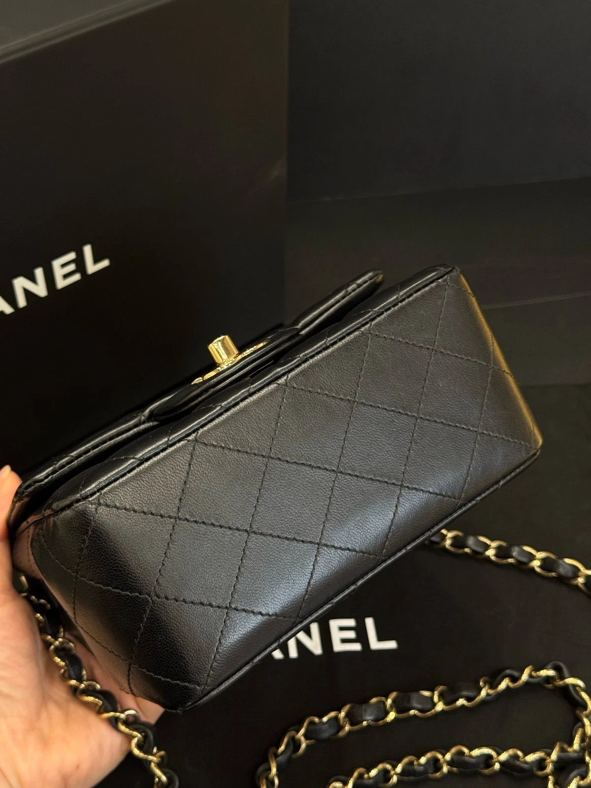 CHANEL Black Gold Lambskin Square Mini Chain Bag For Women