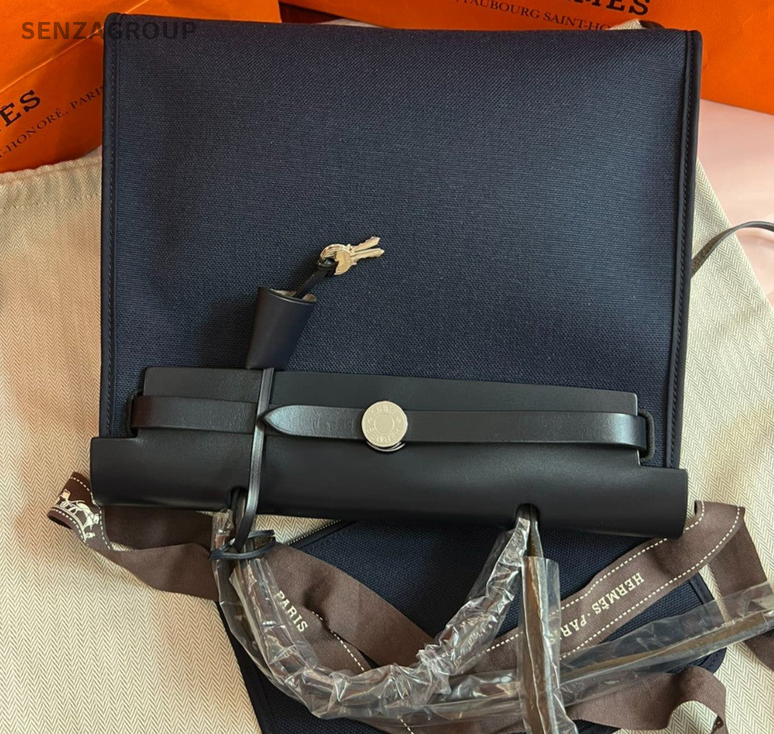 Hermes Herbag31 Canvas Blue Black Silver Top Handle Bag Crossbody Women Classic