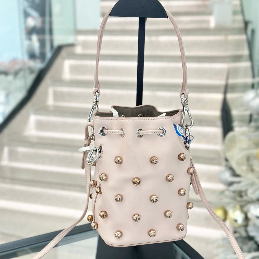 Fendi Calfskin PM Bucket Top Handle Shoulder Bag Pink Gold Pearls Women S