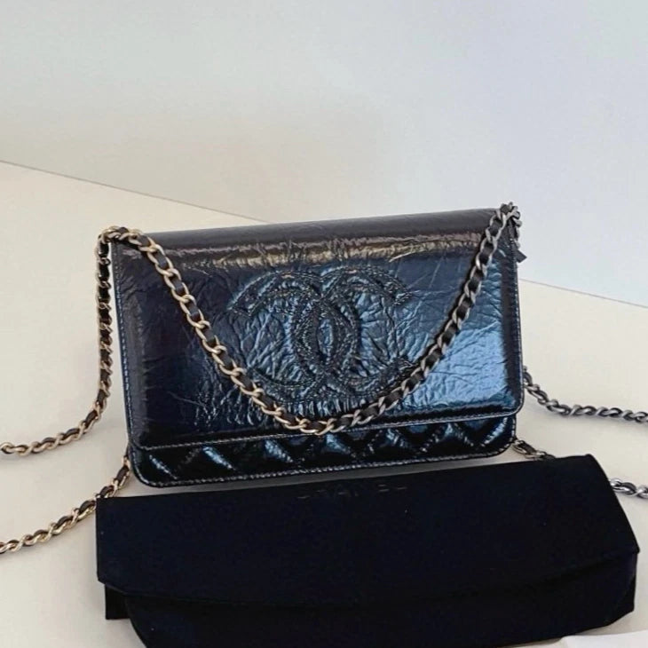 Chanel WOC Calfskin Chain Shoulder Bag Crossbody Black Gold Women Classic