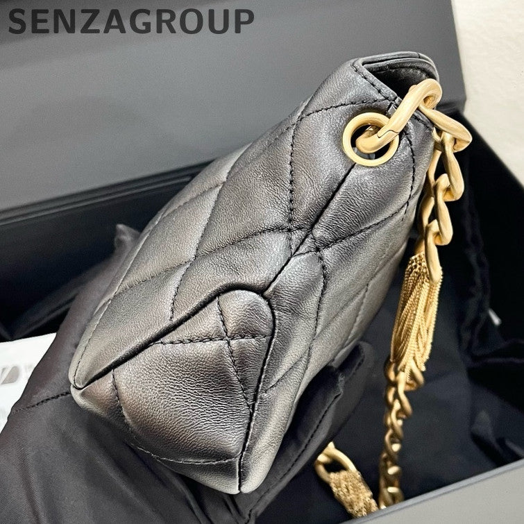 Chanel Fringe Chain Hobo Shoulder Bag Black Gold Classic Fashion Women