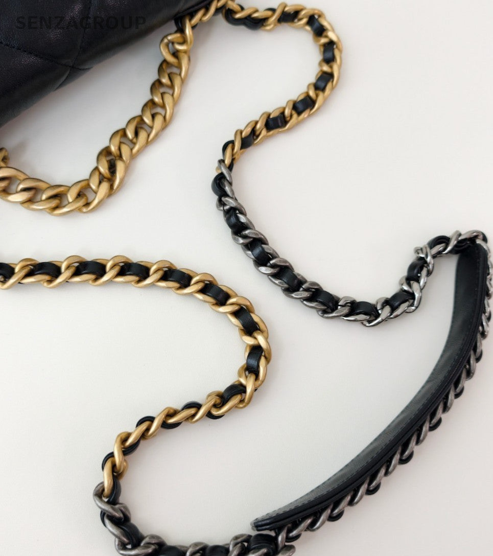 Chanel 19 PM Chain Shoulder Bag Black Gold Used Women Classic Diamond Pattern