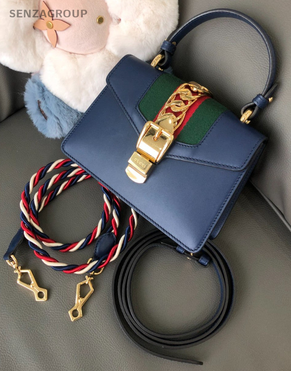 GUCCI Sylvie PM Top Handle 2way Shoulder Handbag Women Crossbody Blue and gold