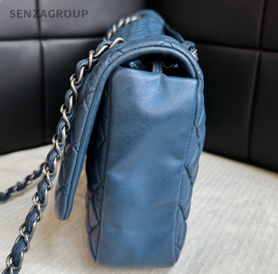 Chanel Classic Flap Chain Calfskin Shoulder Bag Crossbody Blue Silver Women