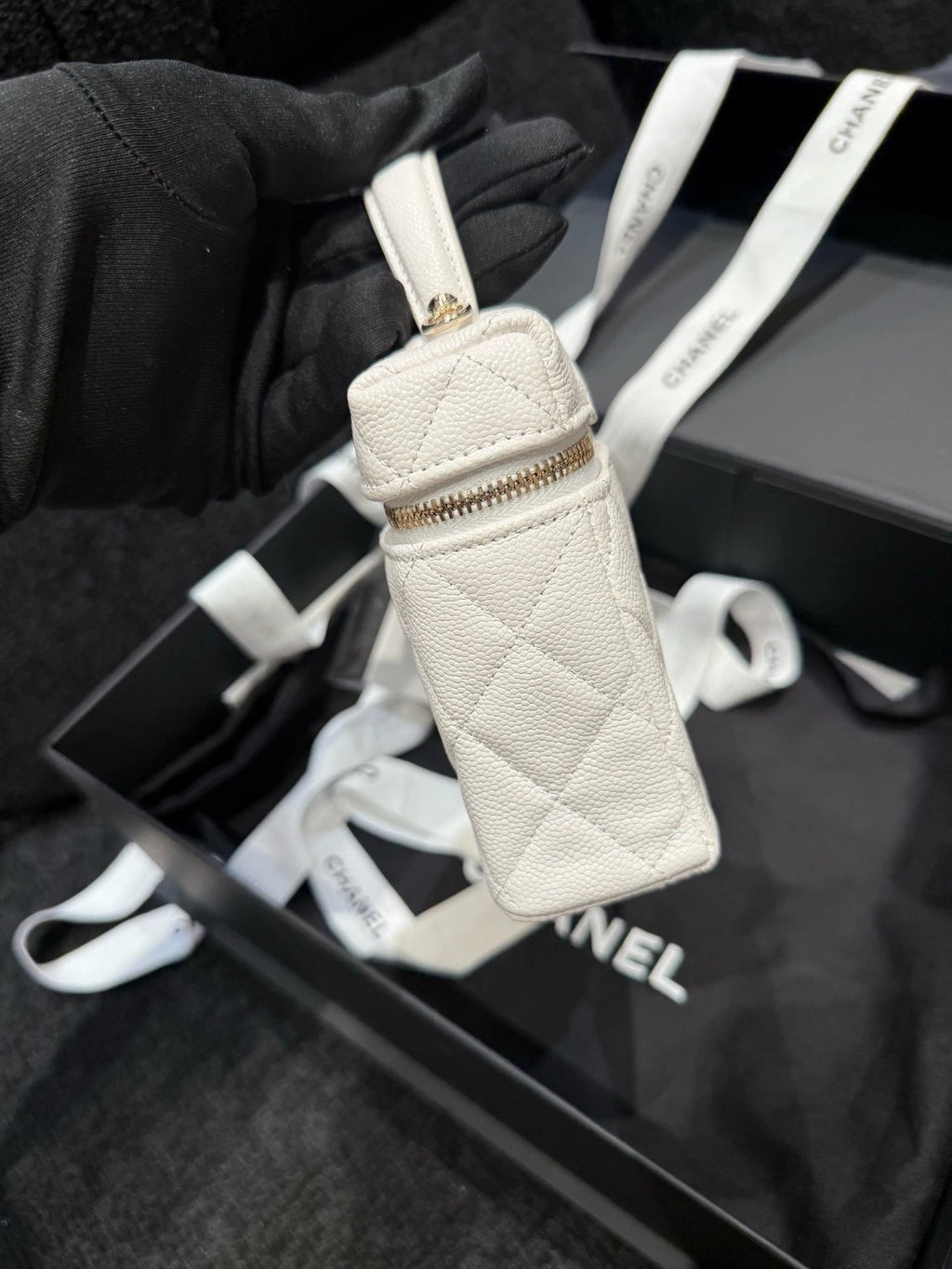 CHANEL White Gold Top Handle Lunch Box Bag For Women