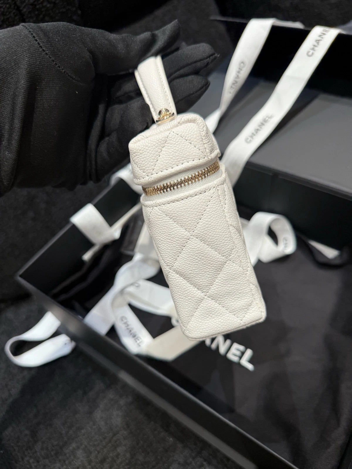 CHANEL White Gold Top Handle Lunch Box Bag For Women